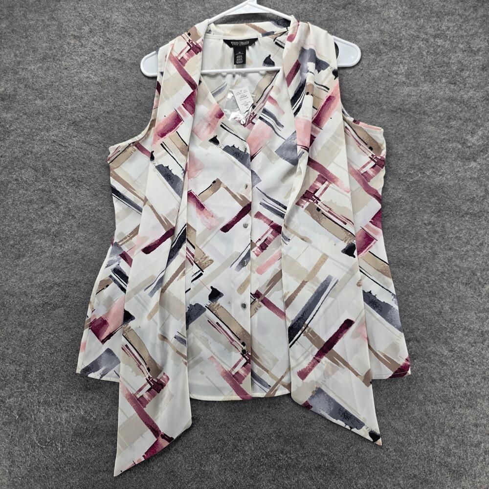 White House Black Market Button-Up Womens 10 White Tunic Sleeveless V-Neck Bow